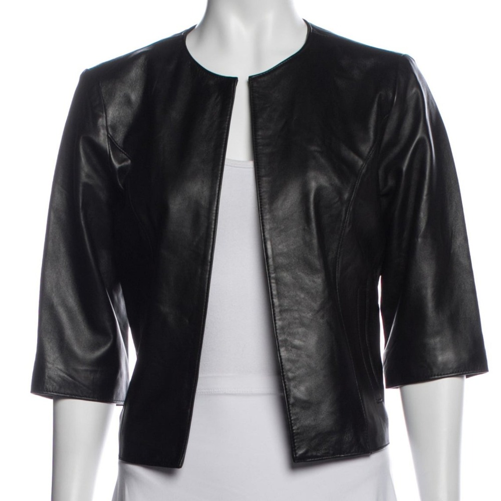 Neiman Marcus Black Leather Cropped Open Front Jacket Size Small